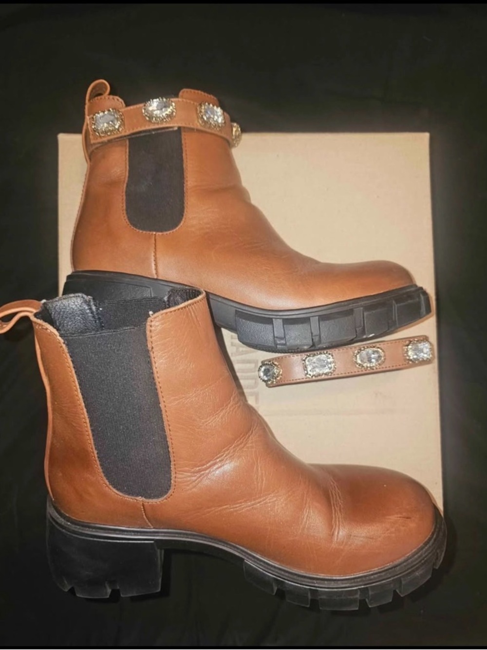 Steve Madden Tan Leather Chunky Chelsea Booties with Removable Jewel Straps - Picture 2 of 2